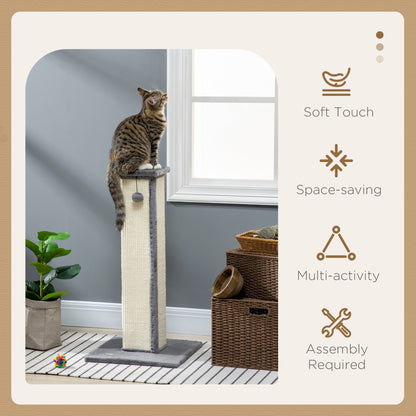 PawHut Cat Scratching Post for Indoor Cats, 81cm Cat Scratcher, Vertical Full Scratcher with Natural Sisal Rope, Hanging Ball and Soft Plush, Grey - Baig Merchant