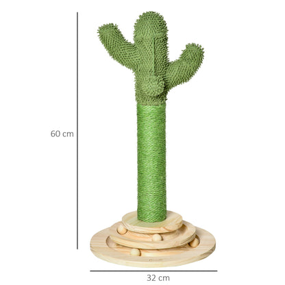 PawHut Cat Tree Cactus Sisal Scratching Post for Indoor Cats Play Tower Kitten Furniture with Hanging Ball Interactive Fun Roller Exerciser 32 x 32 x 60cm - Baig Merchant