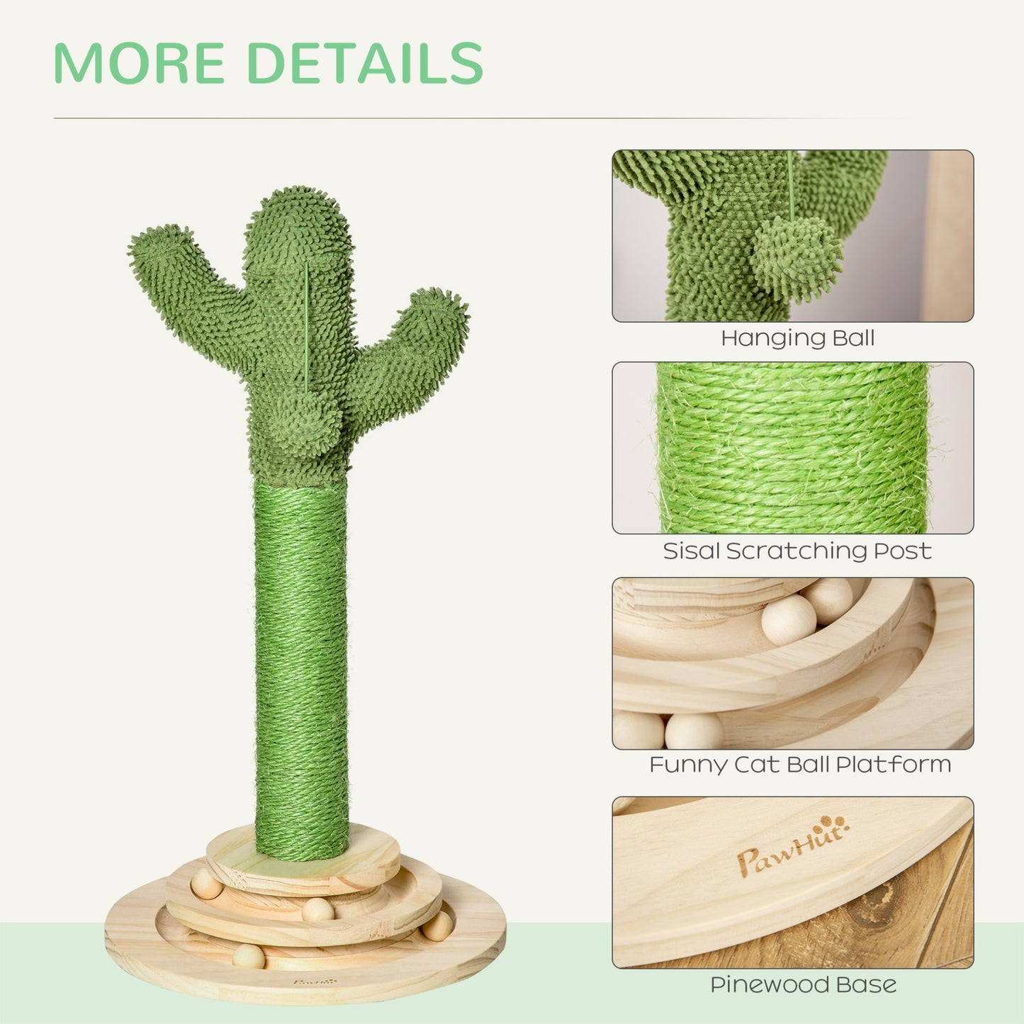 PawHut Cat Tree Cactus Sisal Scratching Post for Indoor Cats Play Tower Kitten Furniture with Hanging Ball Interactive Fun Roller Exerciser 32 x 32 x 60cm - Baig Merchant