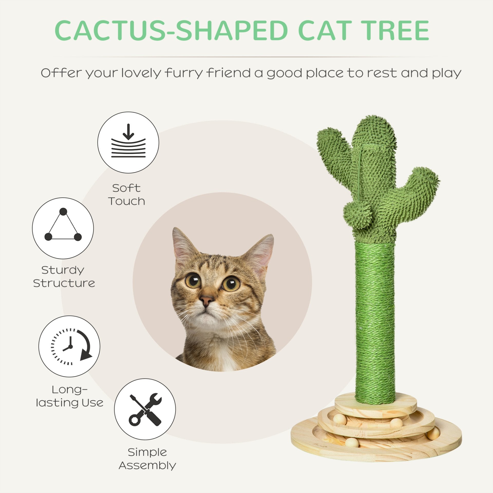 PawHut Cat Tree Cactus Sisal Scratching Post for Indoor Cats Play Tower Kitten Furniture with Hanging Ball Interactive Fun Roller Exerciser 32 x 32 x 60cm - Baig Merchant