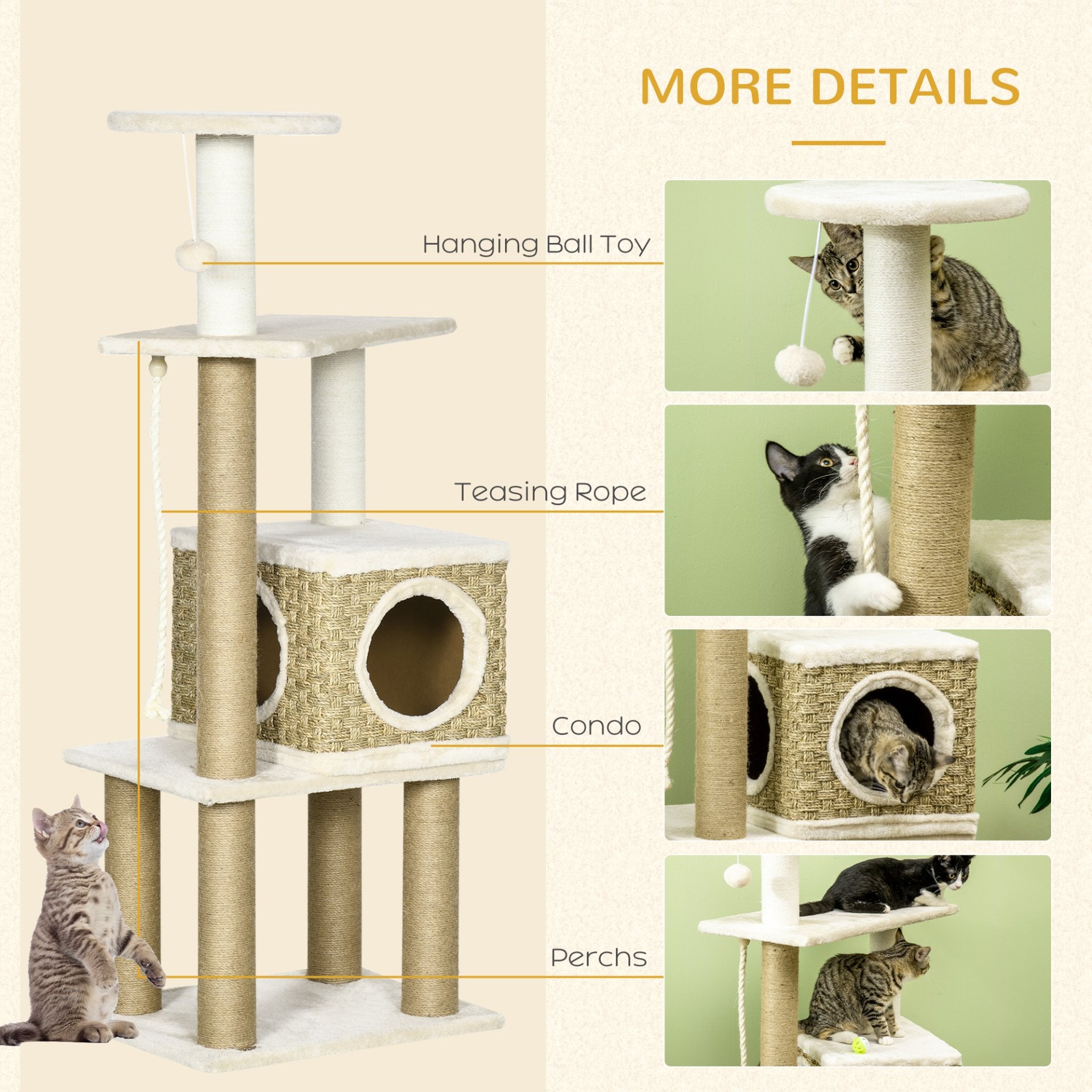 PawHut Cat Tree Climbing Kitten Tower Activity Centre for Indoor Cats w/ Jute Scratching Post, Cat House, Kitten Stand, Hanging Toy Ball - Beige - Baig Merchant