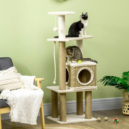 PawHut Cat Tree Climbing Kitten Tower Activity Centre for Indoor Cats w/ Jute Scratching Post, Cat House, Kitten Stand, Hanging Toy Ball - Beige - Baig Merchant