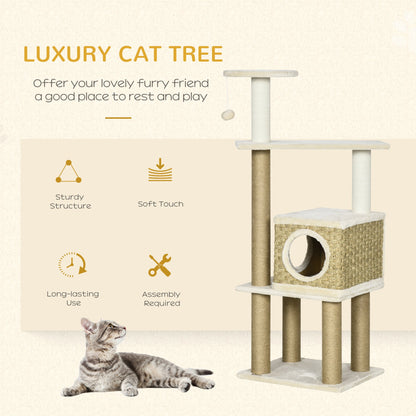 PawHut Cat Tree Climbing Kitten Tower Activity Centre for Indoor Cats w/ Jute Scratching Post, Cat House, Kitten Stand, Hanging Toy Ball - Beige - Baig Merchant