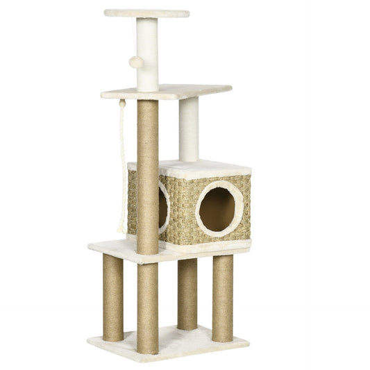 PawHut Cat Tree Climbing Kitten Tower Activity Centre for Indoor Cats w/ Jute Scratching Post, Cat House, Kitten Stand, Hanging Toy Ball - Beige - Baig Merchant