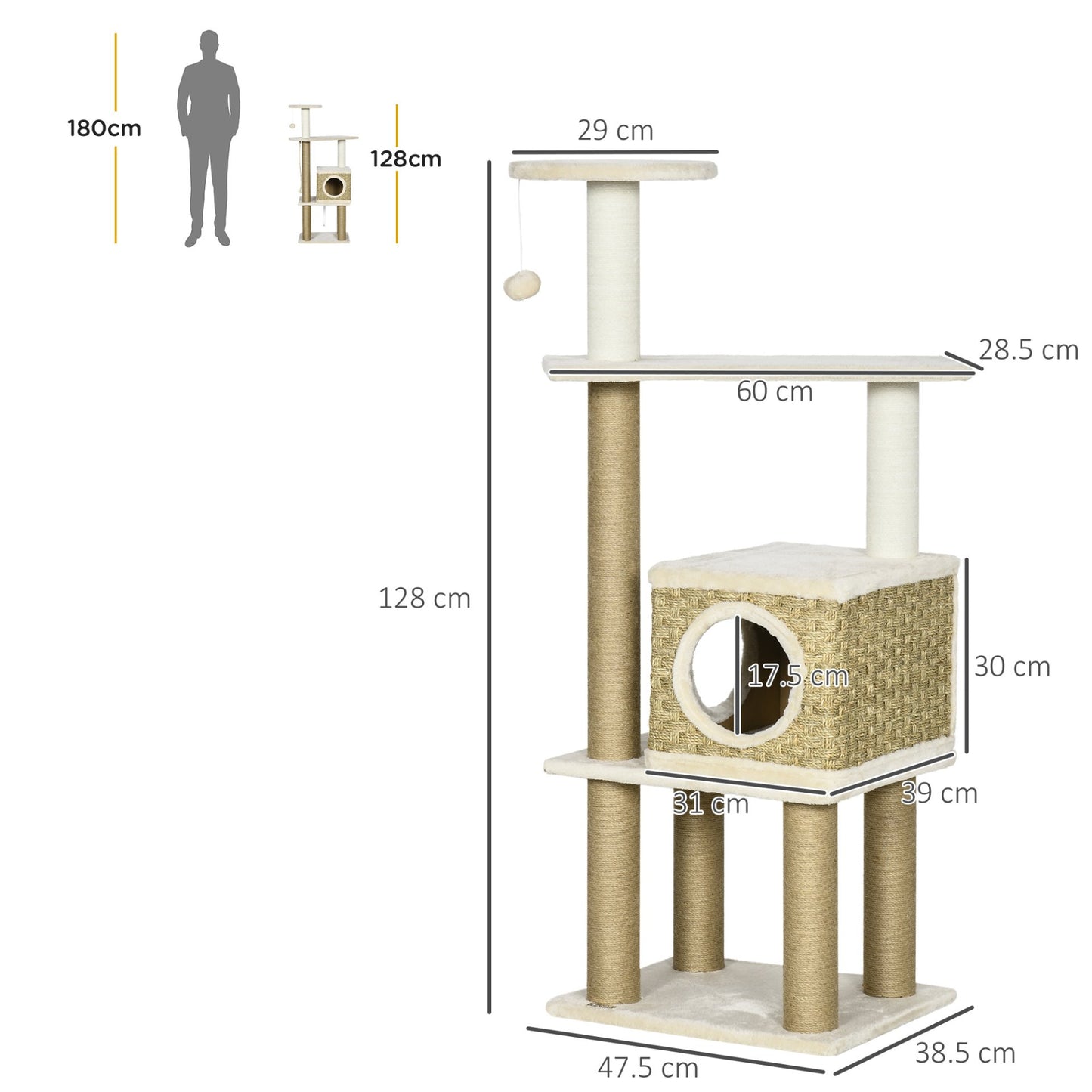 PawHut Cat Tree Climbing Kitten Tower Activity Centre for Indoor Cats w/ Jute Scratching Post, Cat House, Kitten Stand, Hanging Toy Ball - Beige - Baig Merchant