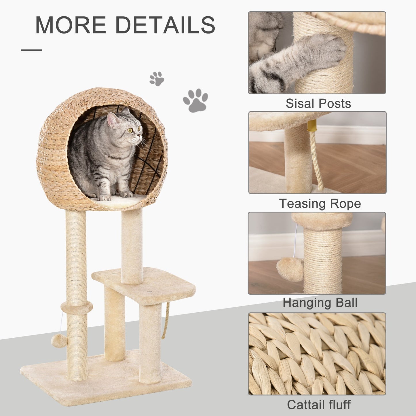 PawHut Cat Tree for Indoor Cats 100cm Kitten Climbing Tower Activity Center with Sisal Scratching Post Condo Perch Hanging Balls Teasing Rope Toy Cushion - Baig Merchant