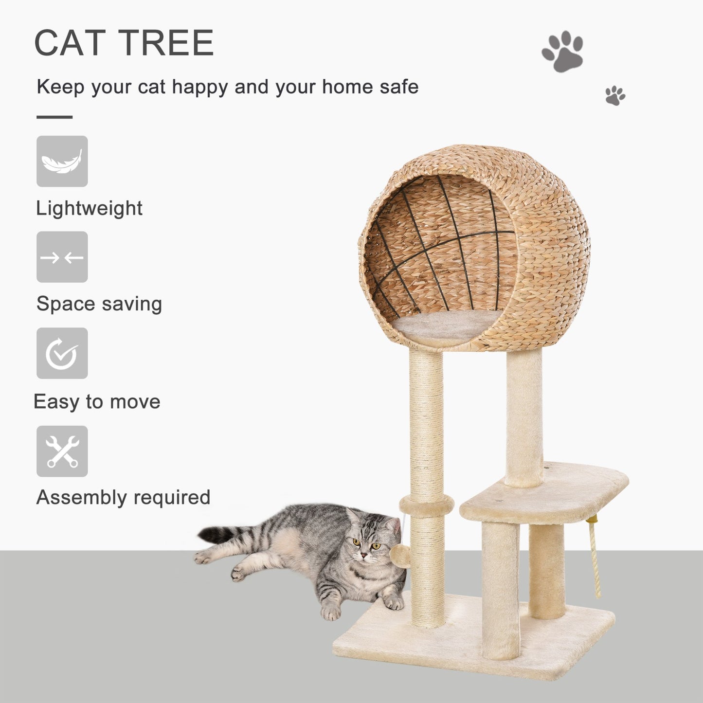 PawHut Cat Tree for Indoor Cats 100cm Kitten Climbing Tower Activity Center with Sisal Scratching Post Condo Perch Hanging Balls Teasing Rope Toy Cushion - Baig Merchant