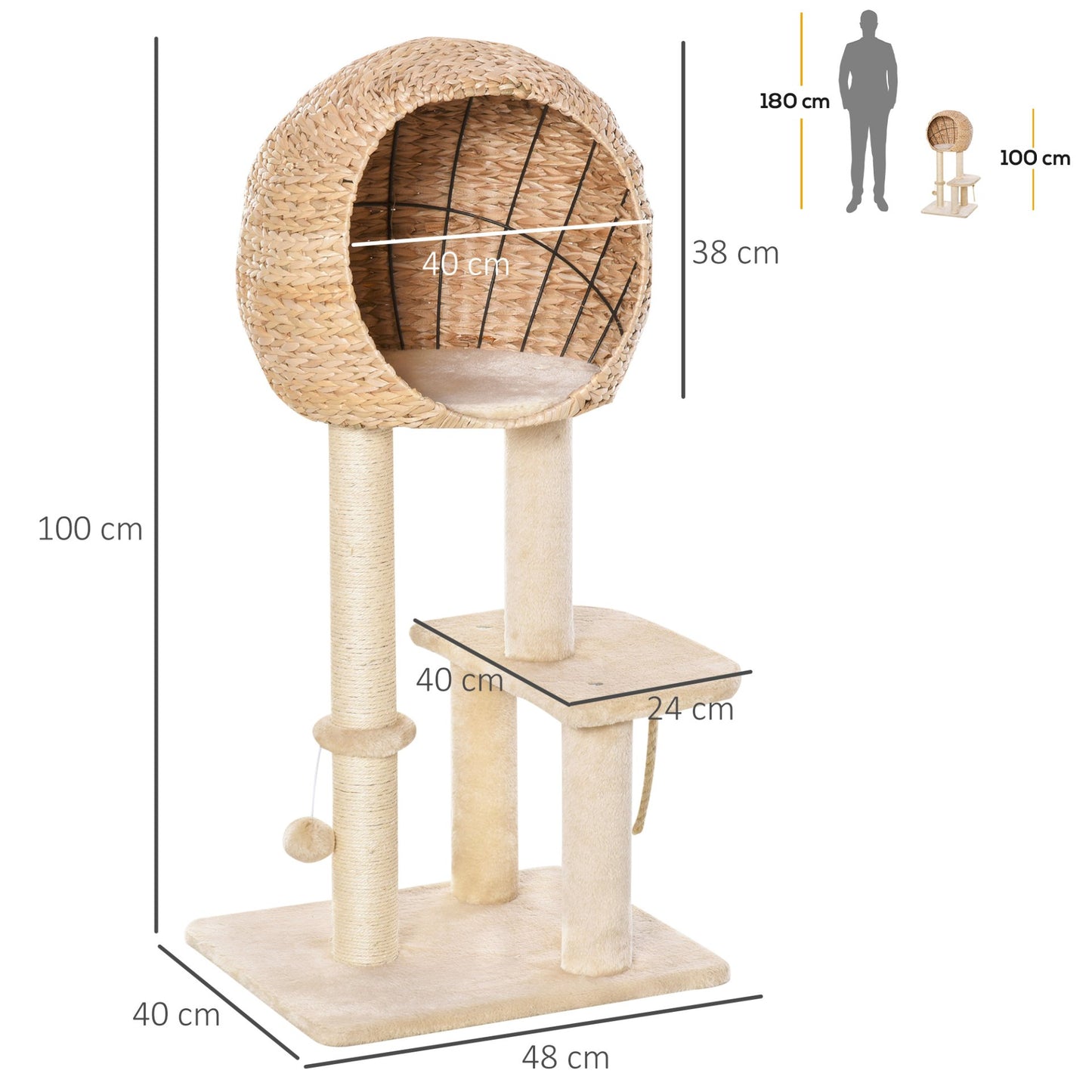 PawHut Cat Tree for Indoor Cats 100cm Kitten Climbing Tower Activity Center with Sisal Scratching Post Condo Perch Hanging Balls Teasing Rope Toy Cushion - Baig Merchant