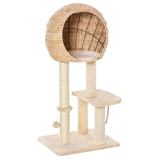 PawHut Cat Tree for Indoor Cats 100cm Kitten Climbing Tower Activity Center with Sisal Scratching Post Condo Perch Hanging Balls Teasing Rope Toy Cushion - Baig Merchant