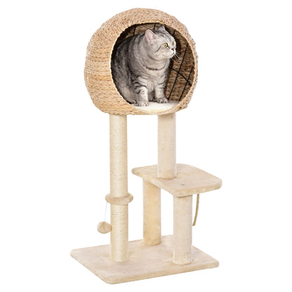 PawHut Cat Tree for Indoor Cats 100cm Kitten Climbing Tower Activity Center with Sisal Scratching Post Condo Perch Hanging Balls Teasing Rope Toy Cushion - Baig Merchant