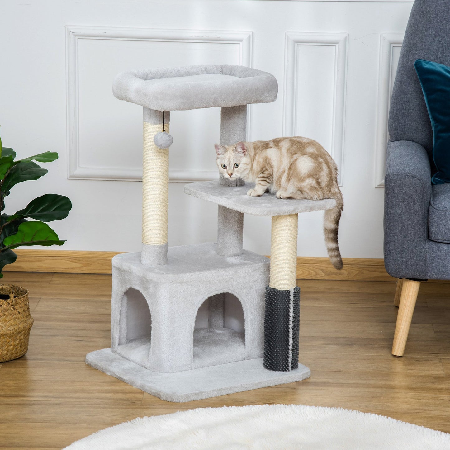 PawHut Cat Tree for Indoor Cats Climbing Tower Kitten Scratch Post Activity Center Kitten with Massage Toy Hanging Ball Bed Condo Perch 48 x 48 x 85cm Grey - Baig Merchant