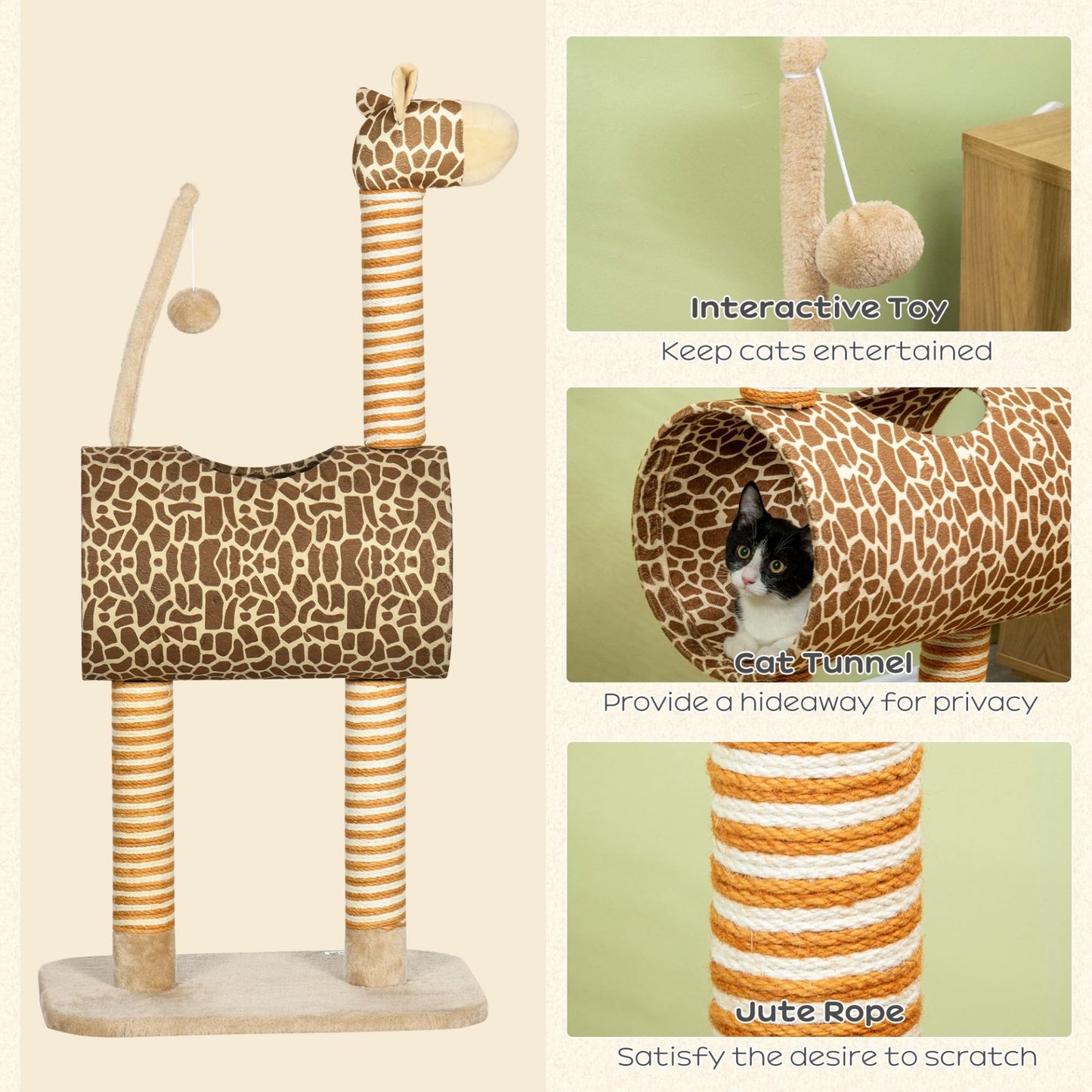 PawHut Cat Tree for Indoor Cats Cute Giraffe Kitten Play Tower w/ Scratching Posts, Tunnel, Toy Ball, 48.5 x 34.5 x 101cm - Biege - Baig Merchant