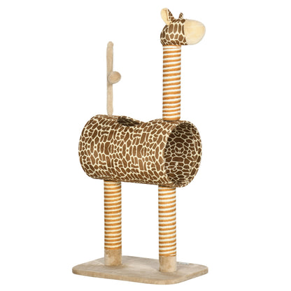 PawHut Cat Tree for Indoor Cats Cute Giraffe Kitten Play Tower w/ Scratching Posts, Tunnel, Toy Ball, 48.5 x 34.5 x 101cm - Biege - Baig Merchant