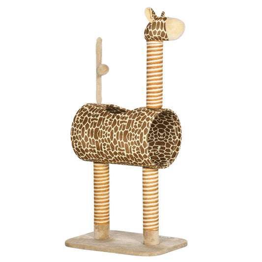 PawHut Cat Tree for Indoor Cats Cute Giraffe Kitten Play Tower w/ Scratching Posts, Tunnel, Toy Ball, 48.5 x 34.5 x 101cm - Biege - Baig Merchant