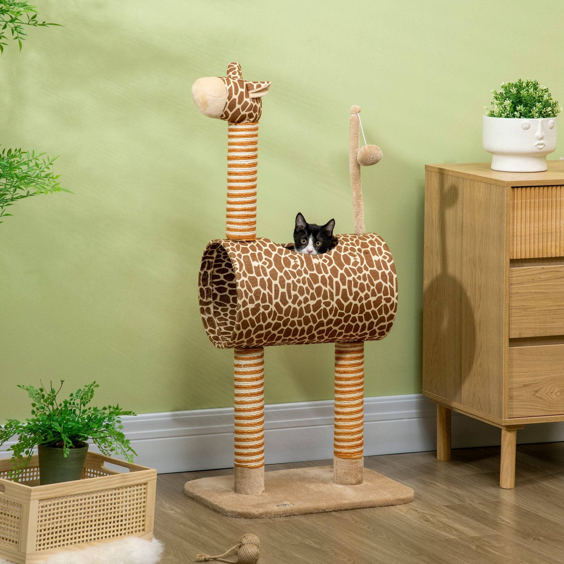 PawHut Cat Tree for Indoor Cats Cute Giraffe Kitten Play Tower w/ Scratching Posts, Tunnel, Toy Ball, 48.5 x 34.5 x 101cm - Biege - Baig Merchant