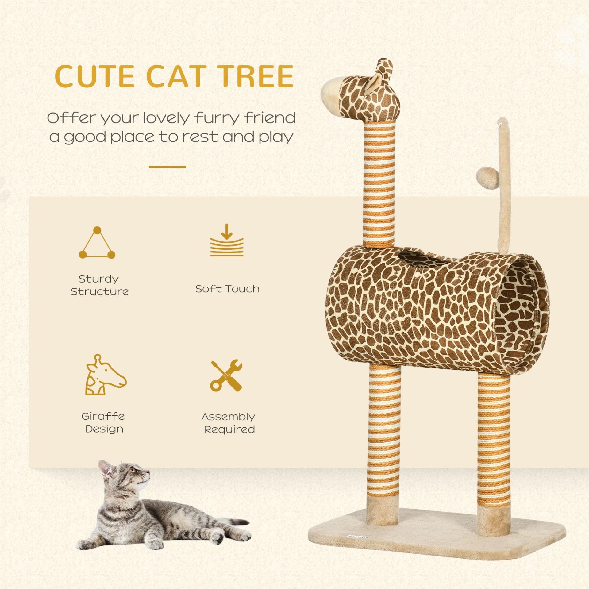 PawHut Cat Tree for Indoor Cats Cute Giraffe Kitten Play Tower w/ Scratching Posts, Tunnel, Toy Ball, 48.5 x 34.5 x 101cm - Biege - Baig Merchant