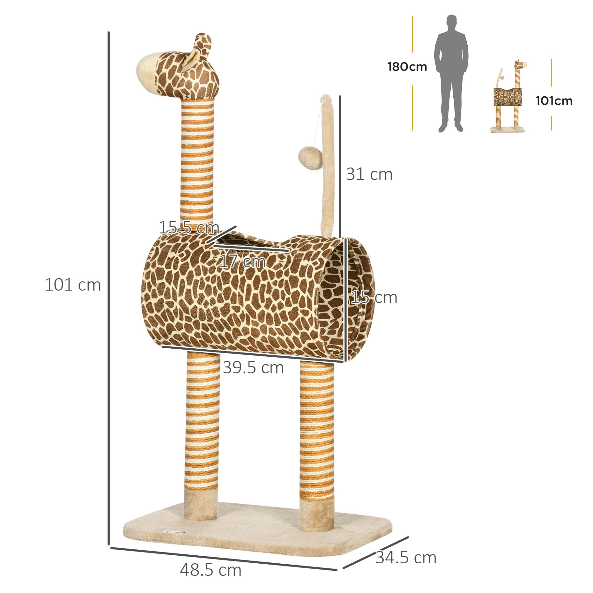 PawHut Cat Tree for Indoor Cats Cute Giraffe Kitten Play Tower w/ Scratching Posts, Tunnel, Toy Ball, 48.5 x 34.5 x 101cm - Biege - Baig Merchant