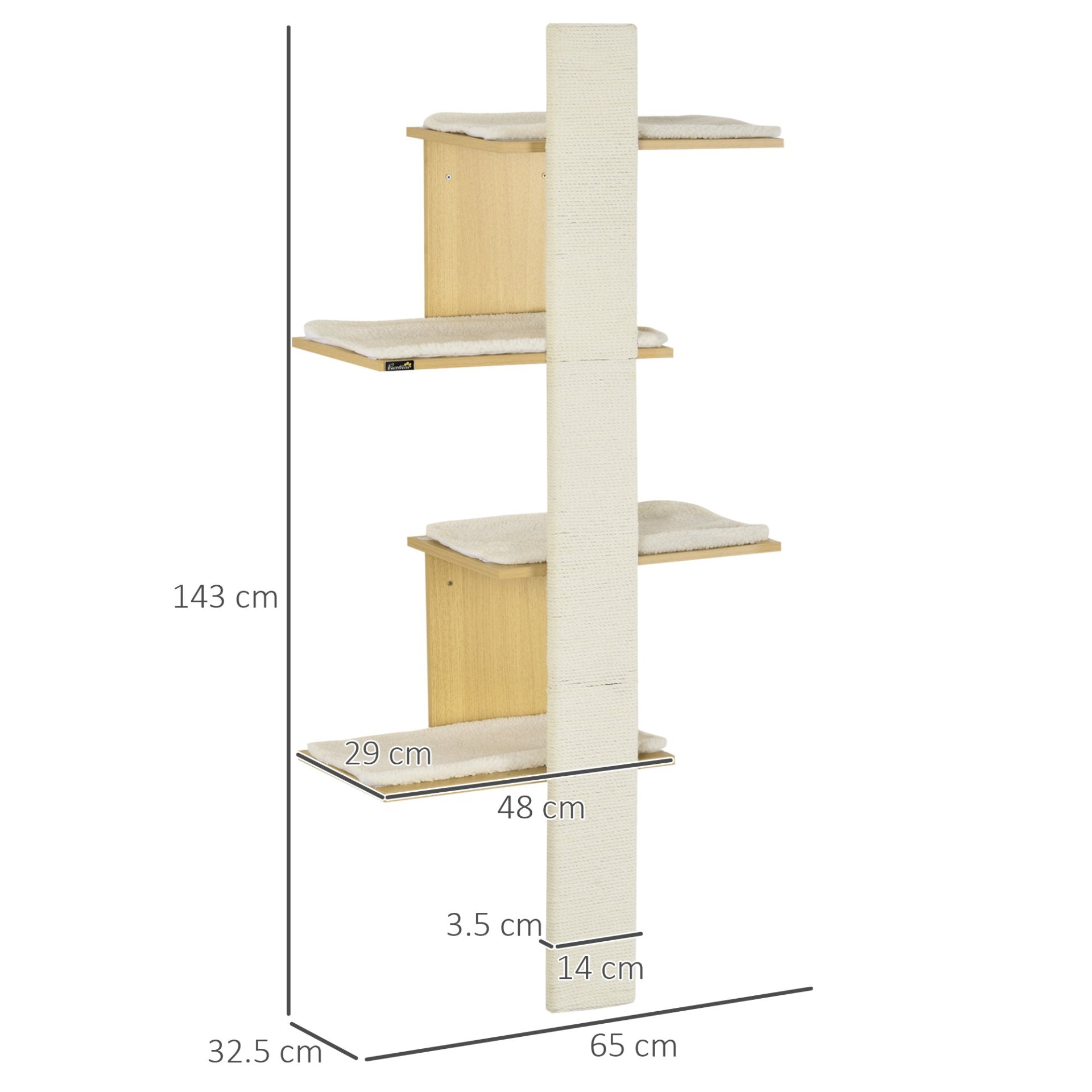 PawHut Cat Tree for Indoor Cats, Four - Layer Wall - Mounted Shelf, Kitten Pech Climber Furniture w/ Cushions, Scratching Board - Oak Tone - Baig Merchant