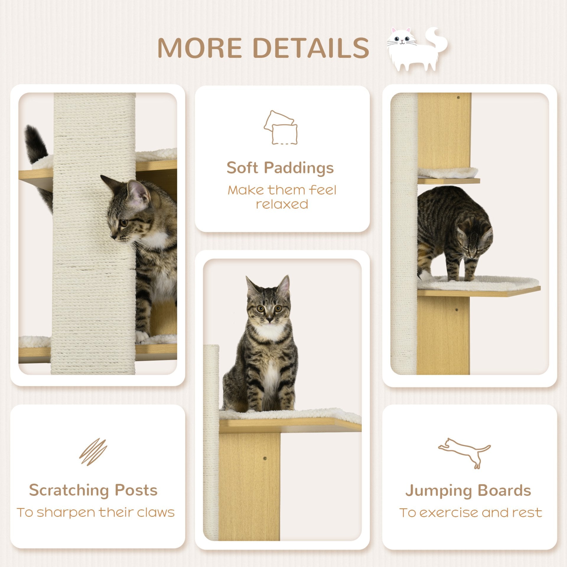 PawHut Cat Tree for Indoor Cats, Four - Layer Wall - Mounted Shelf, Kitten Pech Climber Furniture w/ Cushions, Scratching Board - Oak Tone - Baig Merchant