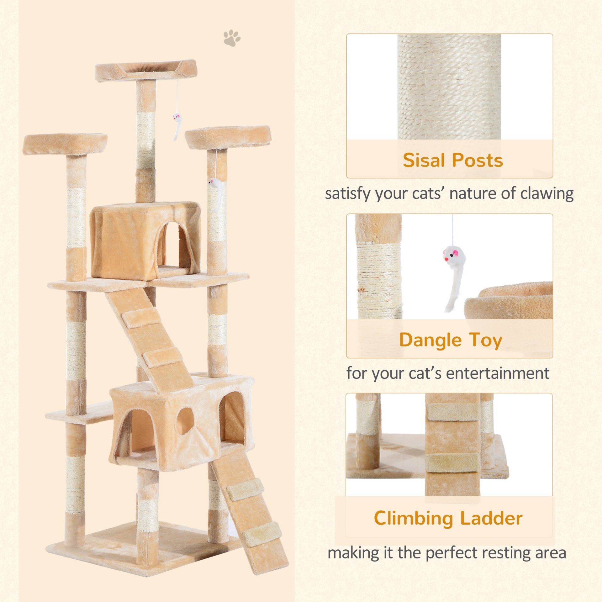 PawHut Cat Tree for Indoor Cats Kitten Kitty Scratching Scratcher Post Climbing Tower Activity Center House Cream - Baig Merchant