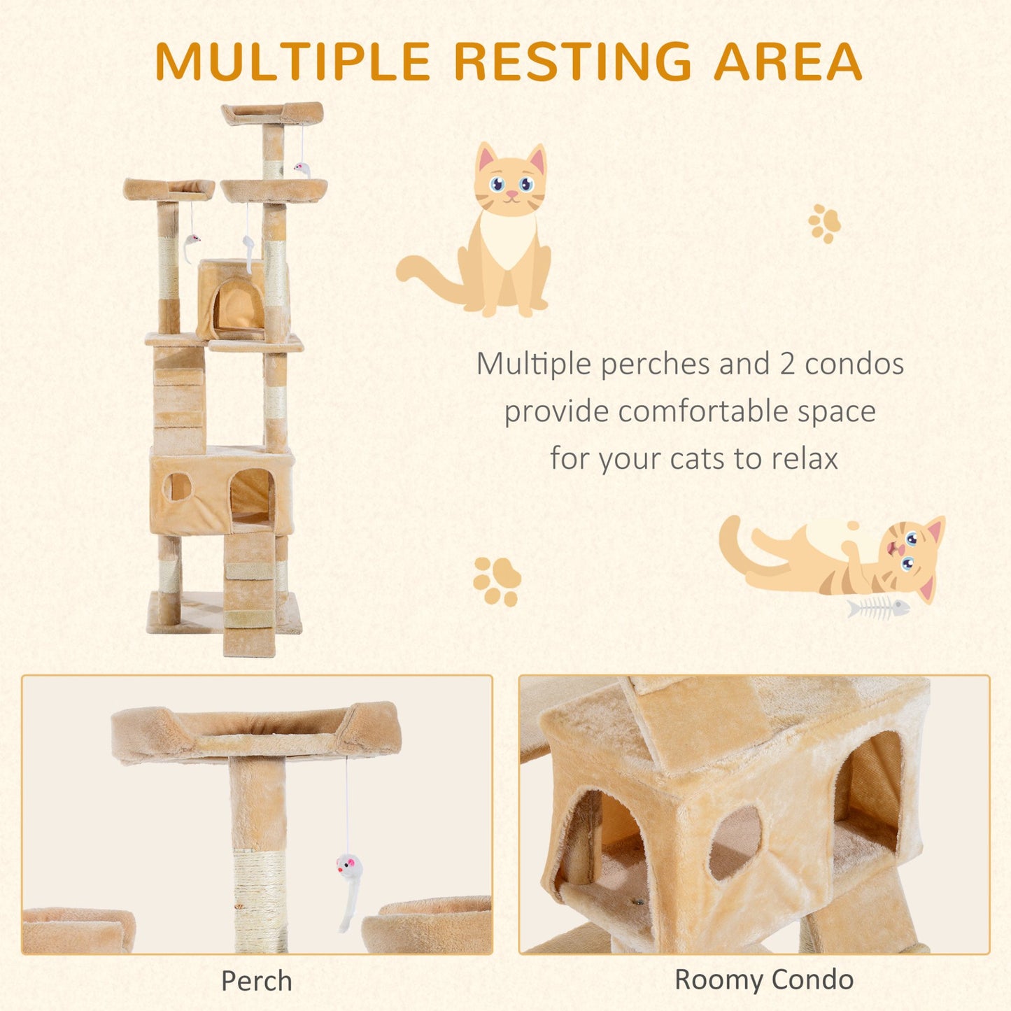 PawHut Cat Tree for Indoor Cats Kitten Kitty Scratching Scratcher Post Climbing Tower Activity Center House Cream - Baig Merchant