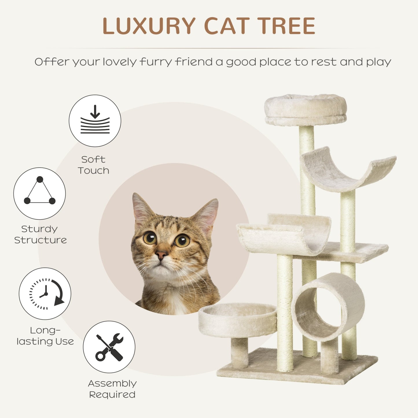 PawHut Cat Tree for Indoor Cats Kitten Pet Scratching Post Perch Activity Center Scratcher Climb Post Play House Arch with Tunnel 105cm Tall Beige - Baig Merchant