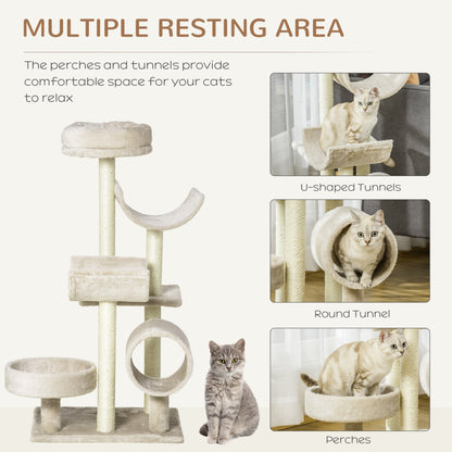 PawHut Cat Tree for Indoor Cats Kitten Pet Scratching Post Perch Activity Center Scratcher Climb Post Play House Arch with Tunnel 105cm Tall Beige - Baig Merchant