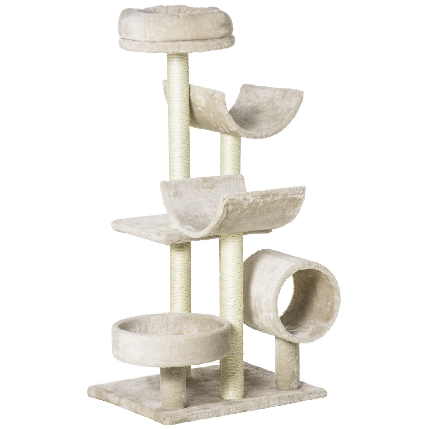 PawHut Cat Tree for Indoor Cats Kitten Pet Scratching Post Perch Activity Center Scratcher Climb Post Play House Arch with Tunnel 105cm Tall Beige - Baig Merchant