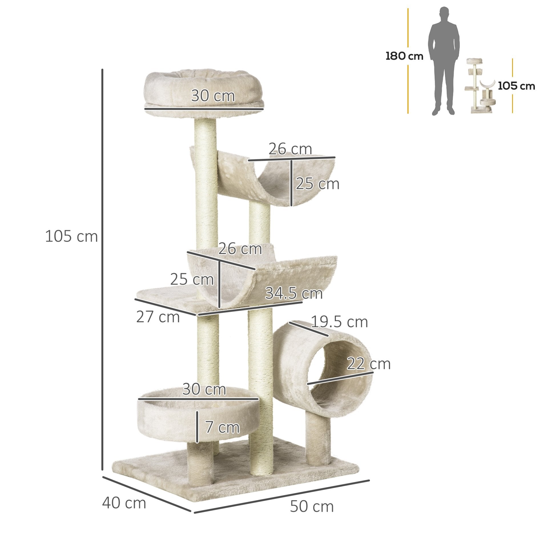 PawHut Cat Tree for Indoor Cats Kitten Pet Scratching Post Perch Activity Center Scratcher Climb Post Play House Arch with Tunnel 105cm Tall Beige - Baig Merchant