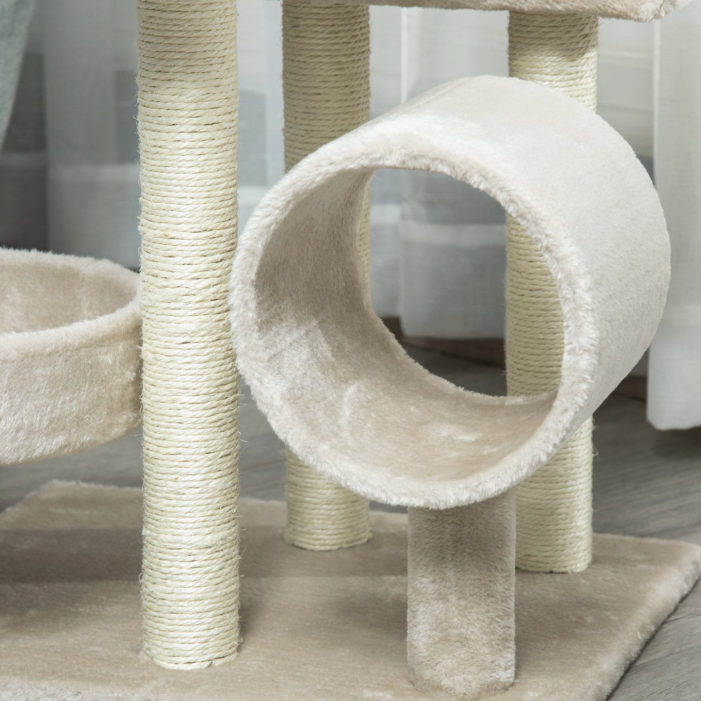 PawHut Cat Tree for Indoor Cats Kitten Pet Scratching Post Perch Activity Center Scratcher Climb Post Play House Arch with Tunnel 105cm Tall Beige - Baig Merchant