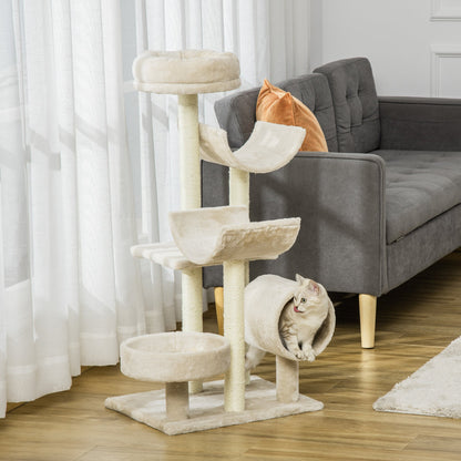 PawHut Cat Tree for Indoor Cats Kitten Pet Scratching Post Perch Activity Center Scratcher Climb Post Play House Arch with Tunnel 105cm Tall Beige - Baig Merchant