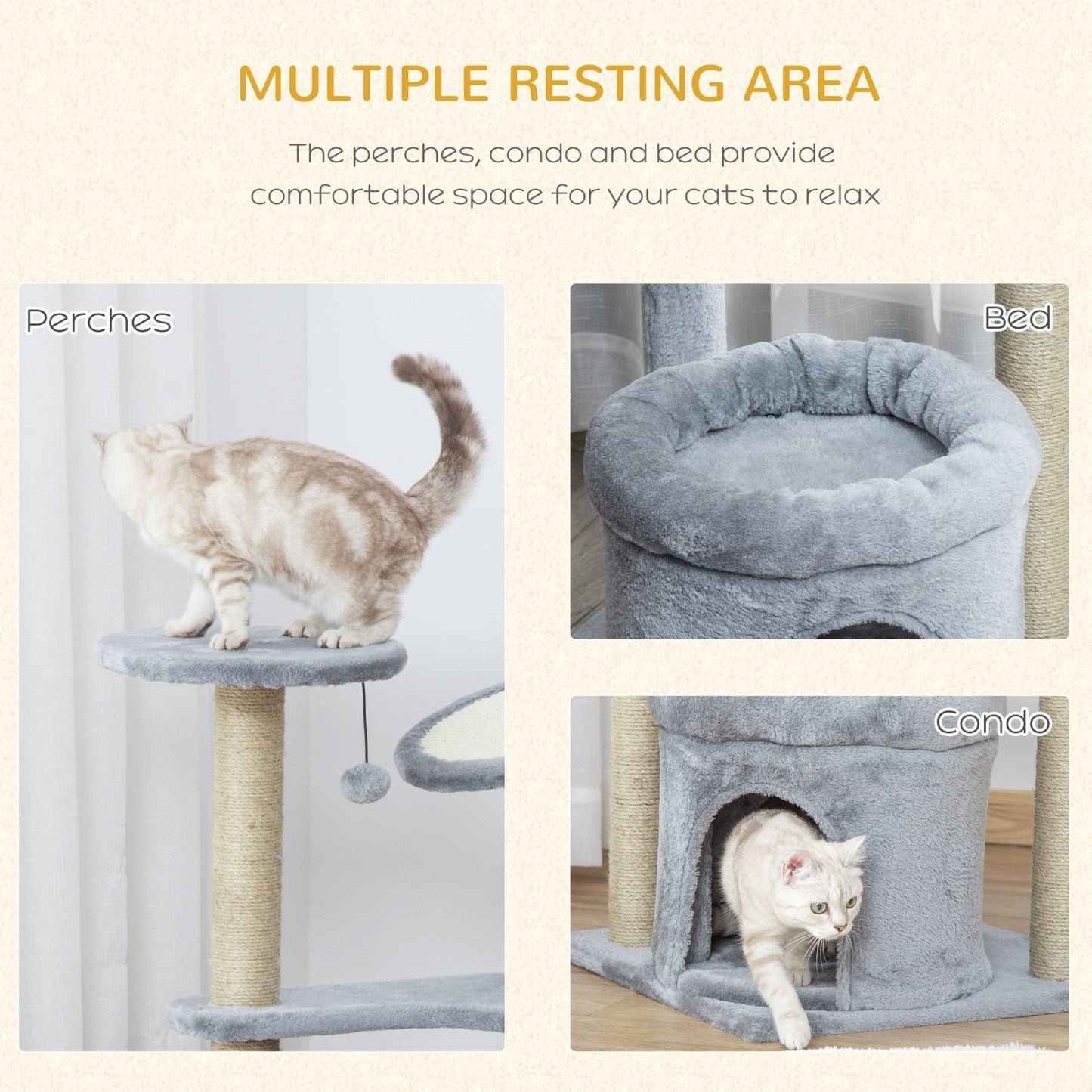 PawHut Cat Tree for Indoor Cats Kitten Play Tower Scratching Post with Condo Bed Scratcher Perch Ball Toy Grey - Baig Merchant