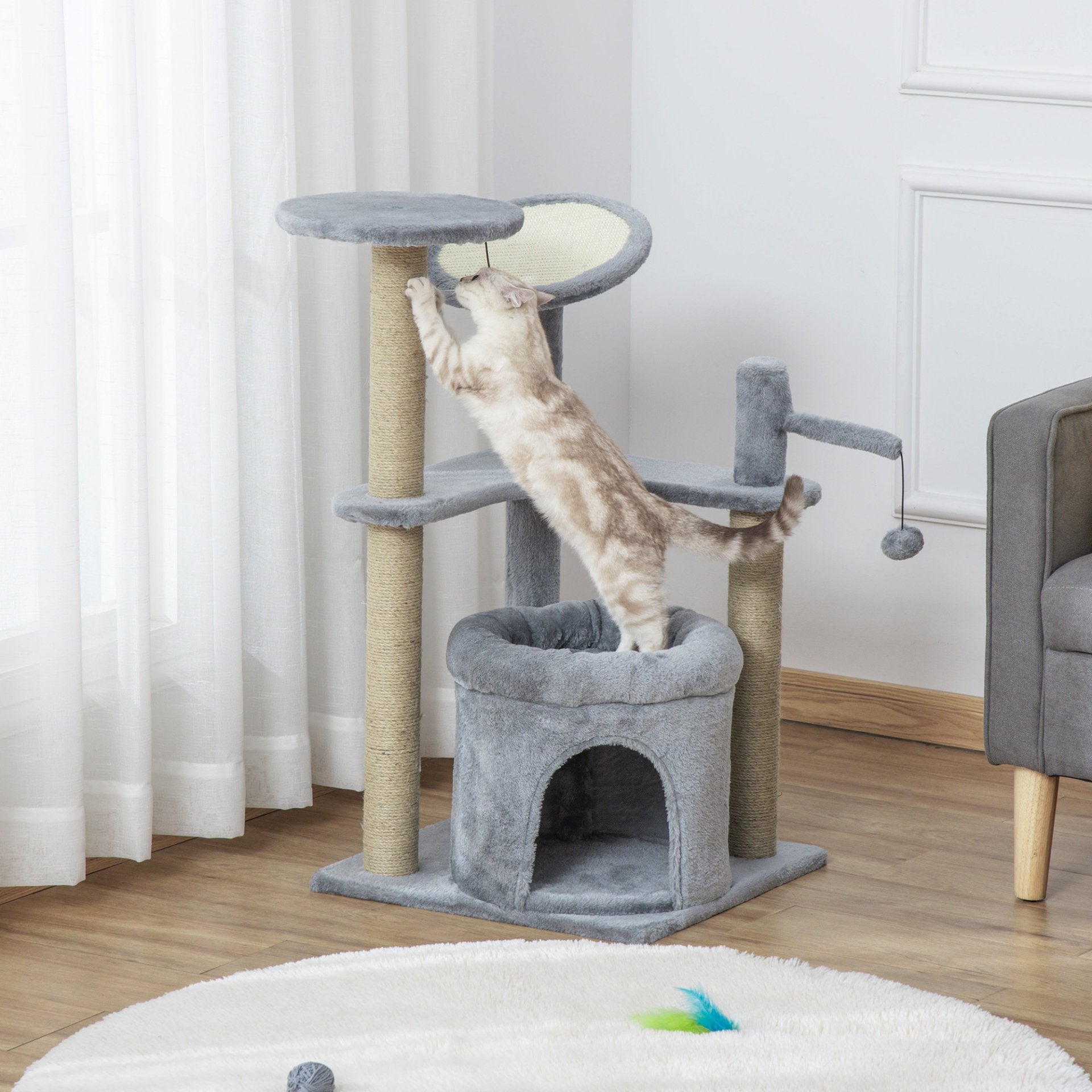 PawHut Cat Tree for Indoor Cats Kitten Play Tower Scratching Post with Condo Bed Scratcher Perch Ball Toy Grey - Baig Merchant