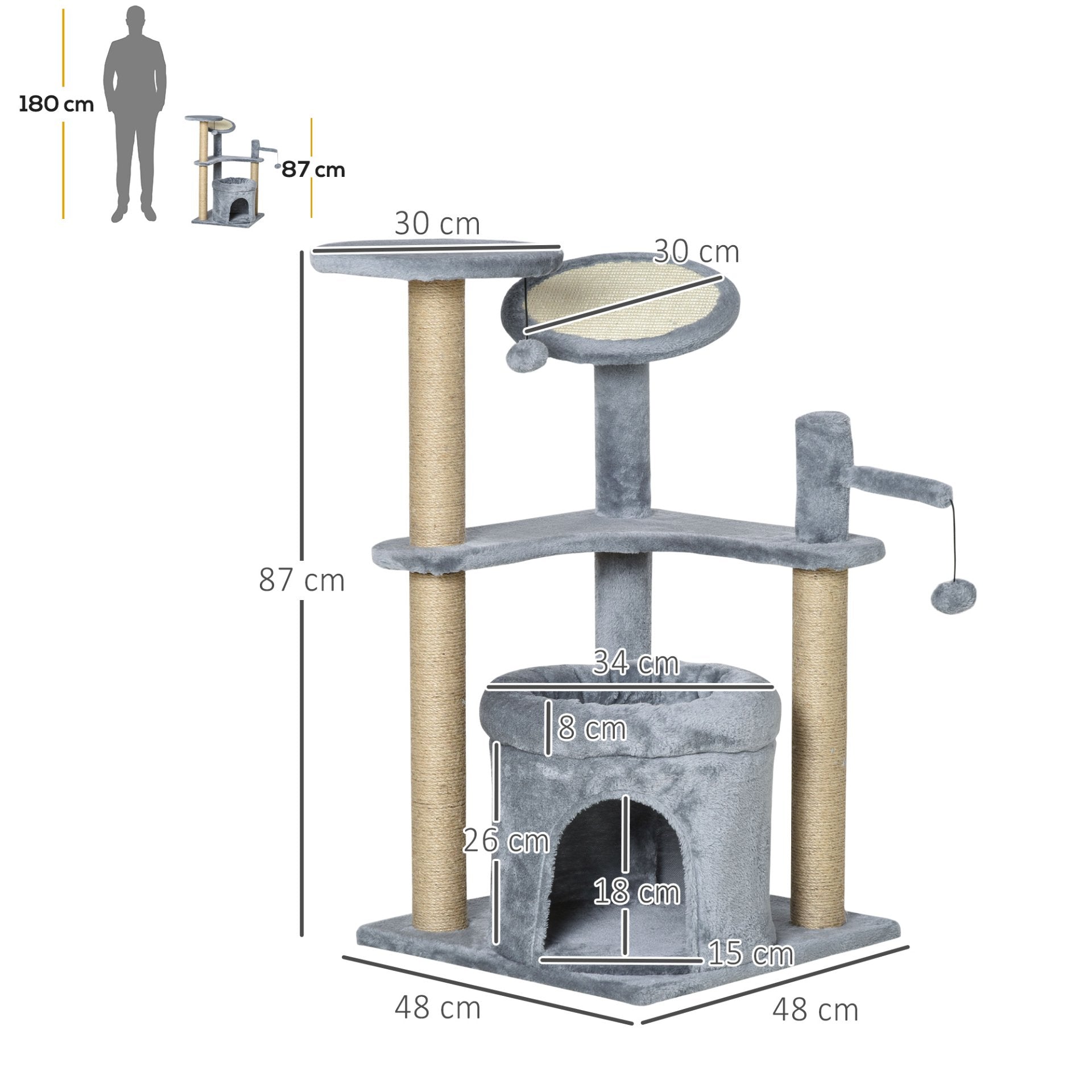 PawHut Cat Tree for Indoor Cats Kitten Play Tower Scratching Post with Condo Bed Scratcher Perch Ball Toy Grey - Baig Merchant