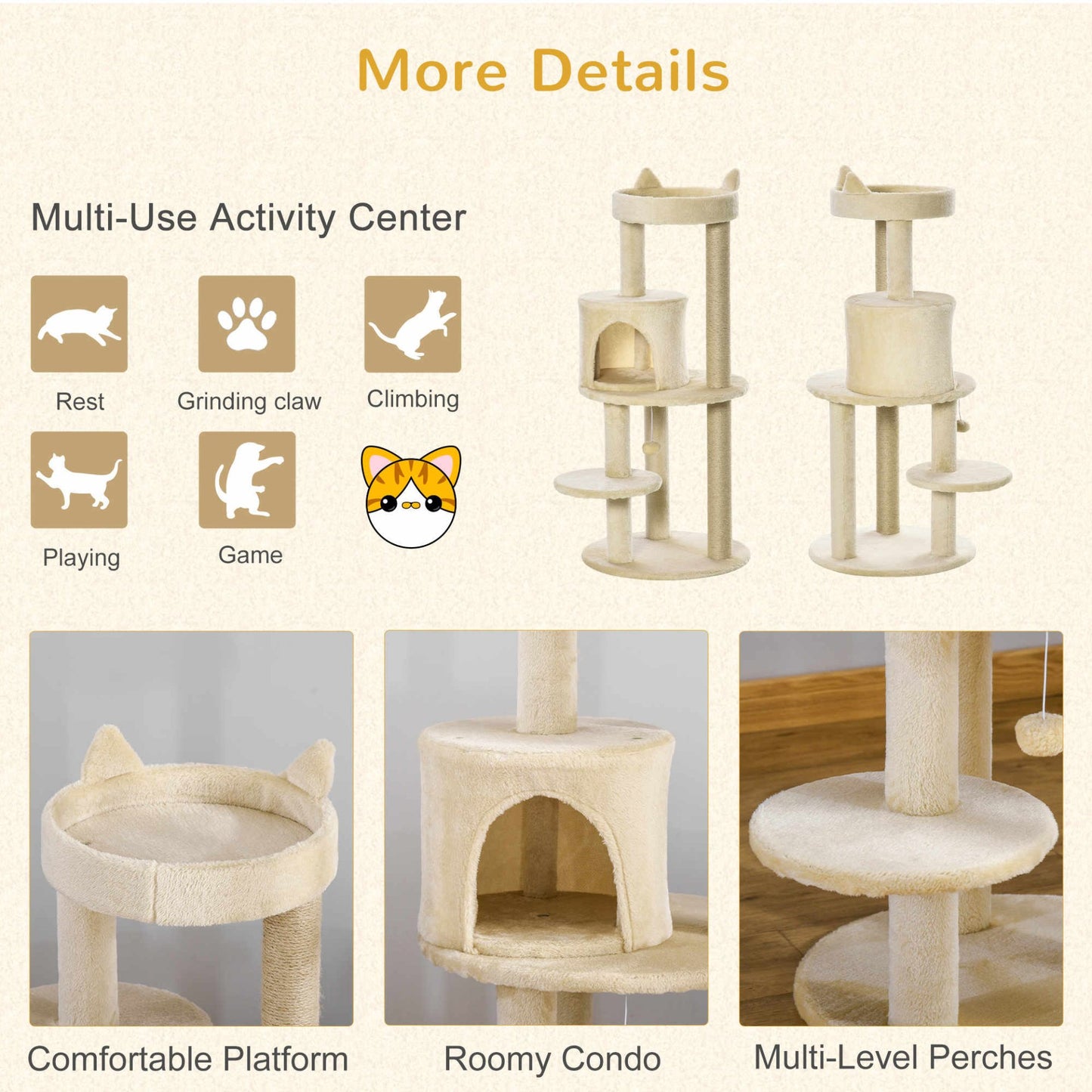 Pawhut Cat Tree for Indoor Cats Kitten Scratching Post Climbing Tower Pet Activity Center Cream 48 x 48 x 104 cm - Baig Merchant