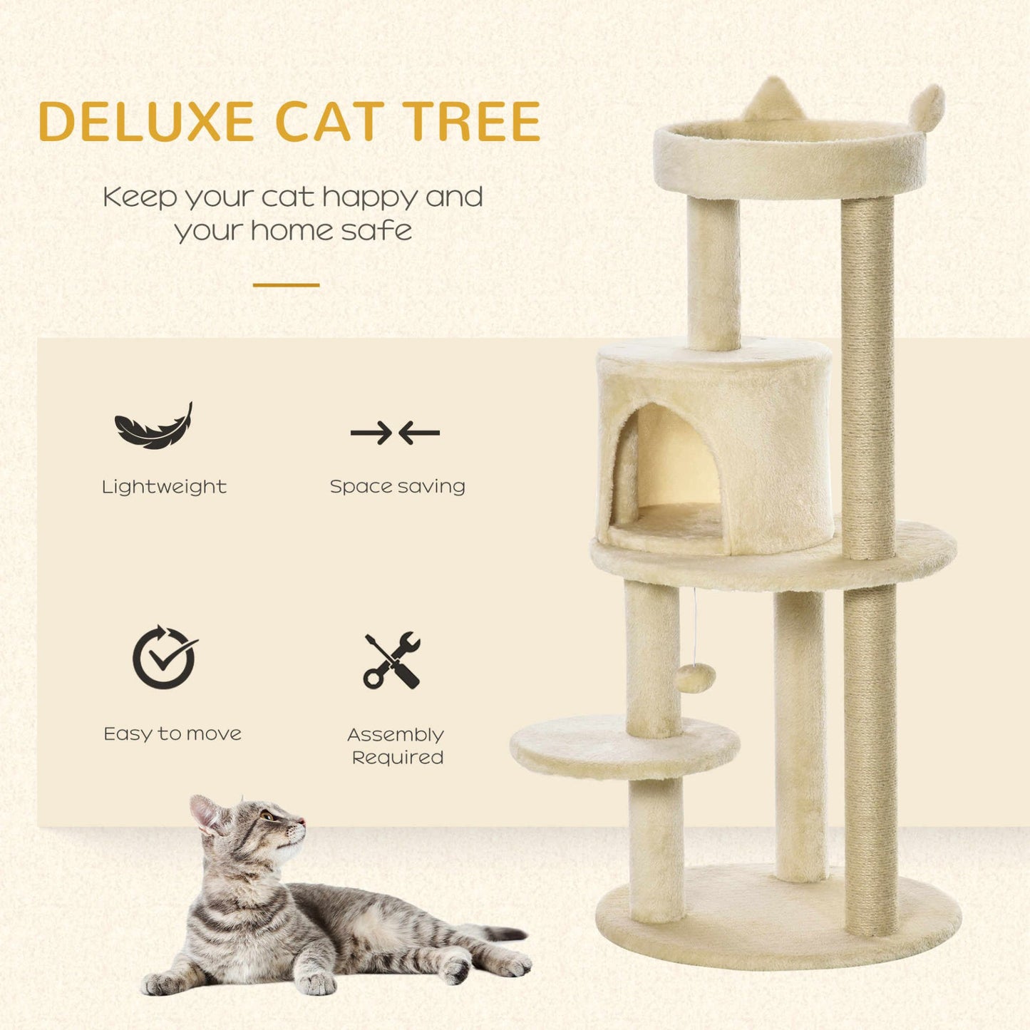 Pawhut Cat Tree for Indoor Cats Kitten Scratching Post Climbing Tower Pet Activity Center Cream 48 x 48 x 104 cm - Baig Merchant