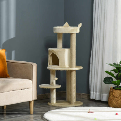 Pawhut Cat Tree for Indoor Cats Kitten Scratching Post Climbing Tower Pet Activity Center Cream 48 x 48 x 104 cm - Baig Merchant