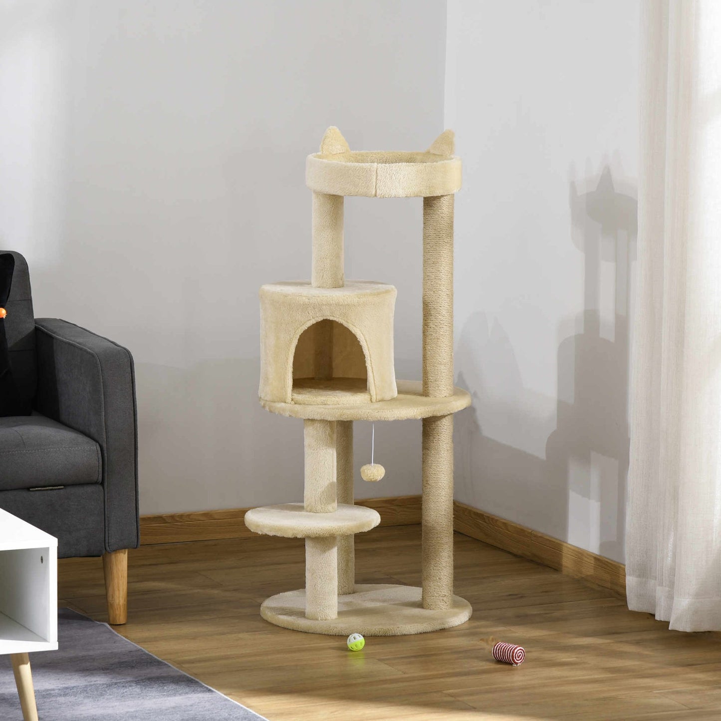 Pawhut Cat Tree for Indoor Cats Kitten Scratching Post Climbing Tower Pet Activity Center Cream 48 x 48 x 104 cm - Baig Merchant