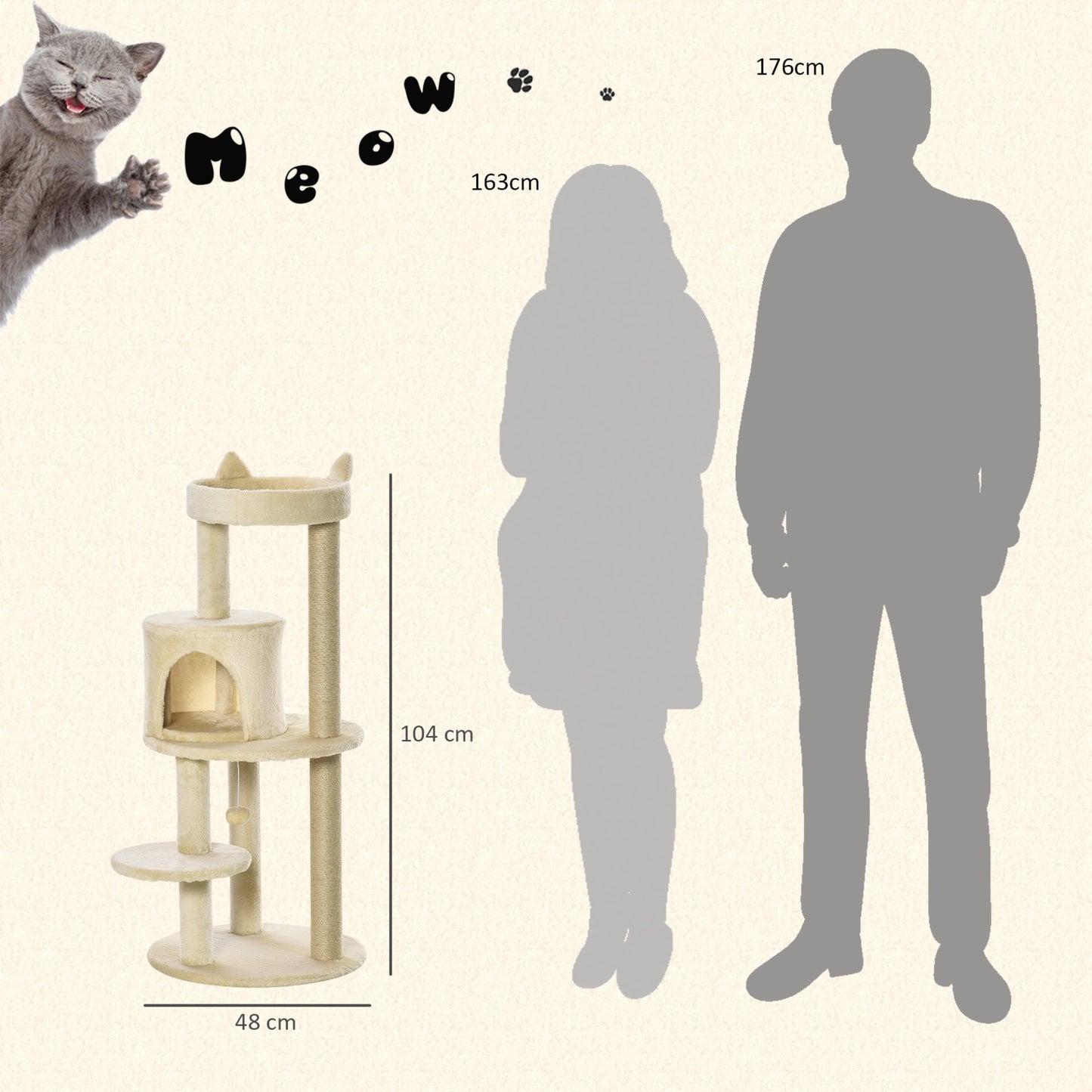 Pawhut Cat Tree for Indoor Cats Kitten Scratching Post Climbing Tower Pet Activity Center Cream 48 x 48 x 104 cm - Baig Merchant