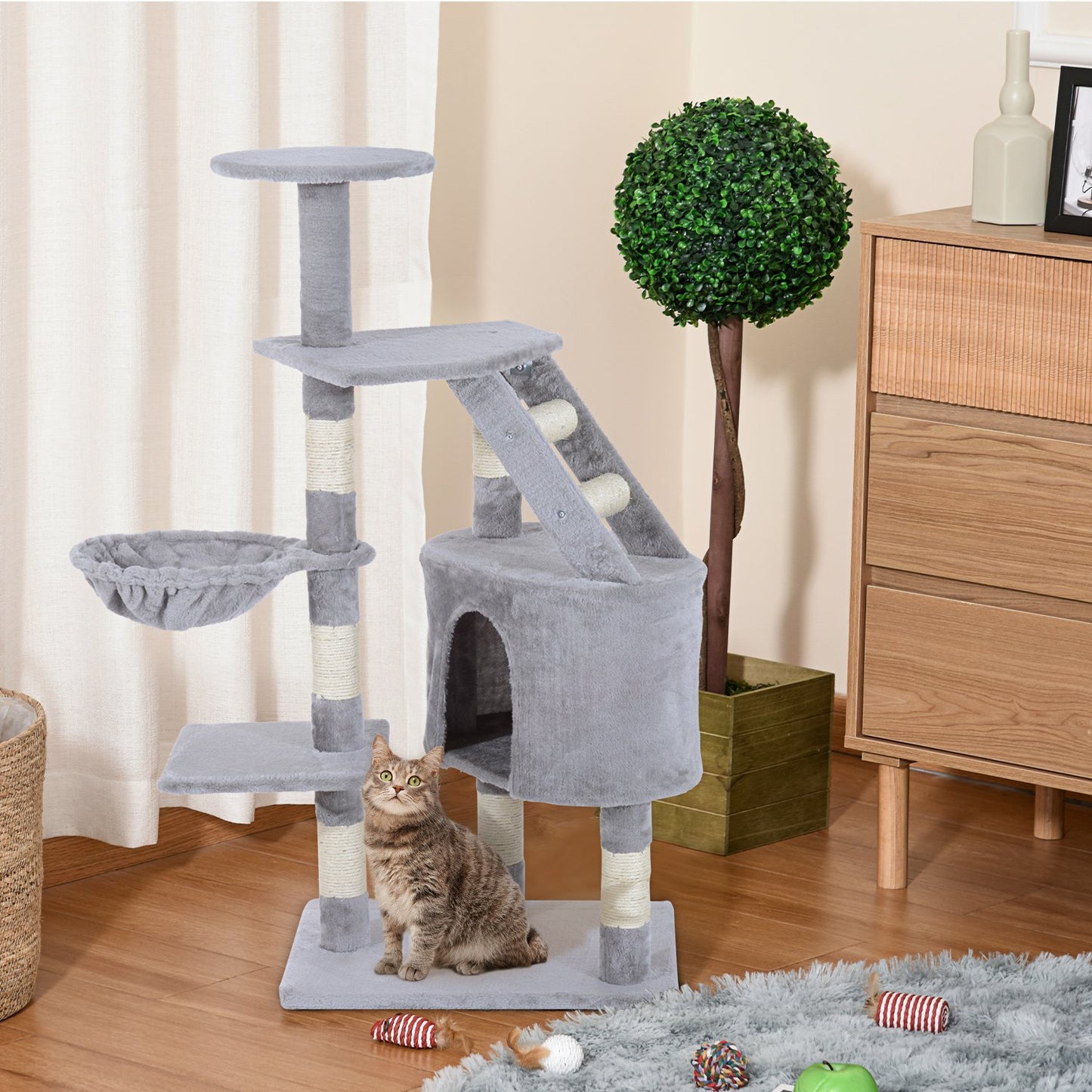 PawHut Cat Tree for Indoor Cats Kitten Scratching Post Scratch Scratcher Climb Activity Center Play House Pet Furniture 125cm (Grey) - Baig Merchant