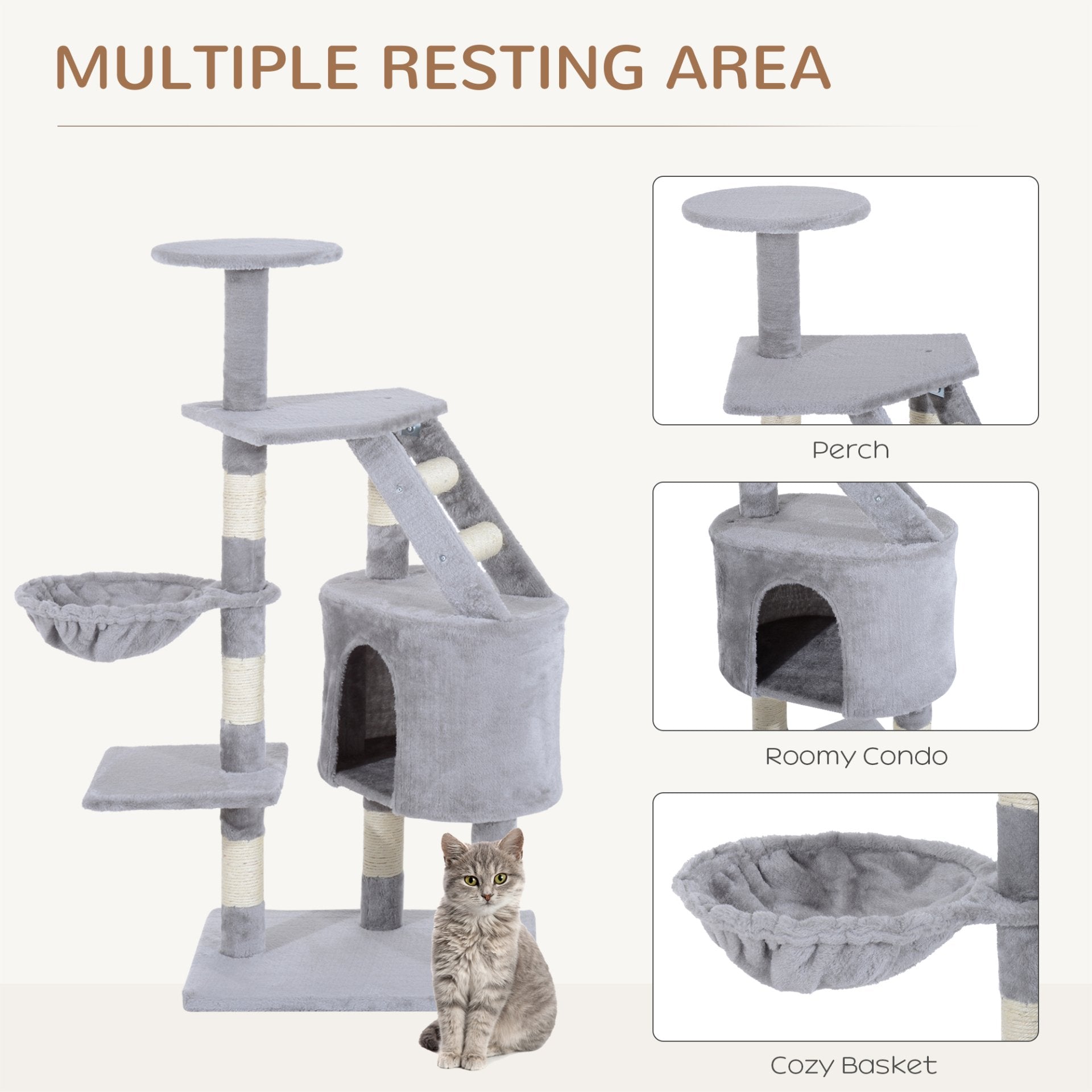 PawHut Cat Tree for Indoor Cats Kitten Scratching Post Scratch Scratcher Climb Activity Center Play House Pet Furniture 125cm (Grey) - Baig Merchant