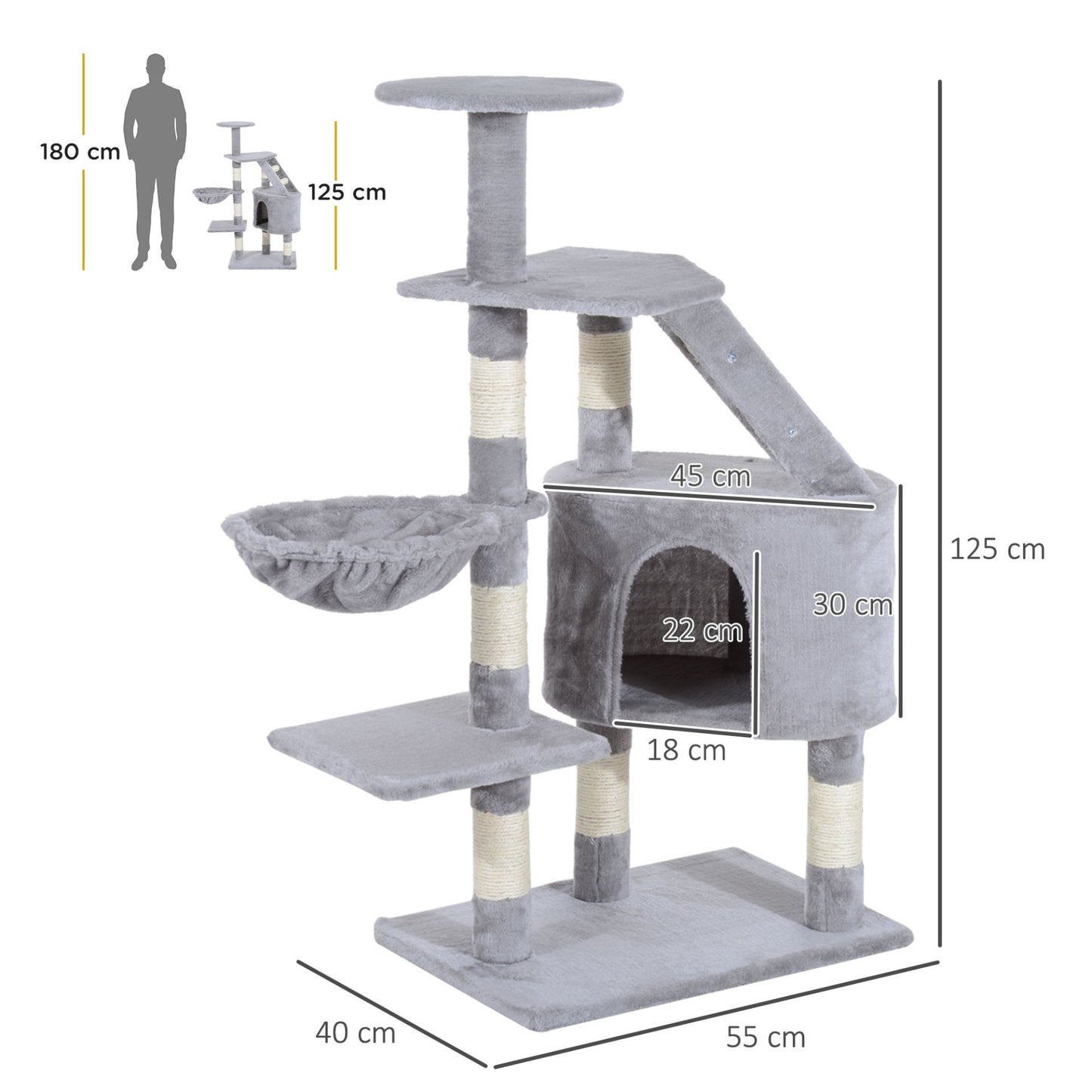 PawHut Cat Tree for Indoor Cats Kitten Scratching Post Scratch Scratcher Climb Activity Center Play House Pet Furniture 125cm (Grey) - Baig Merchant