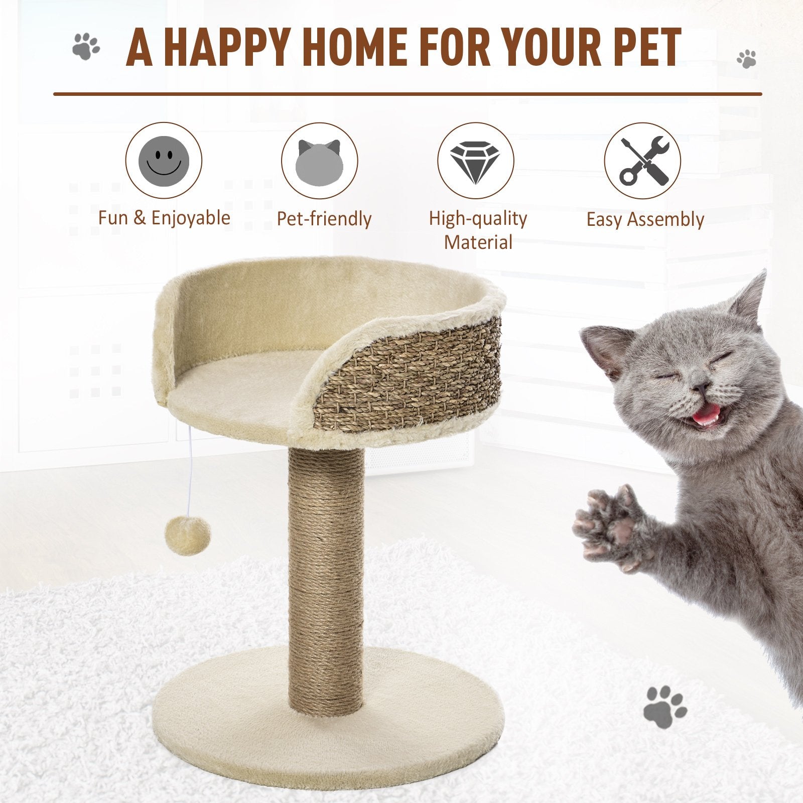 PawHut Cat Tree for Indoor Cats Kitten Tower Activity Center Climbing Stand Furniture with Scratching Posts Dangling Ball Perch Beige - Baig Merchant