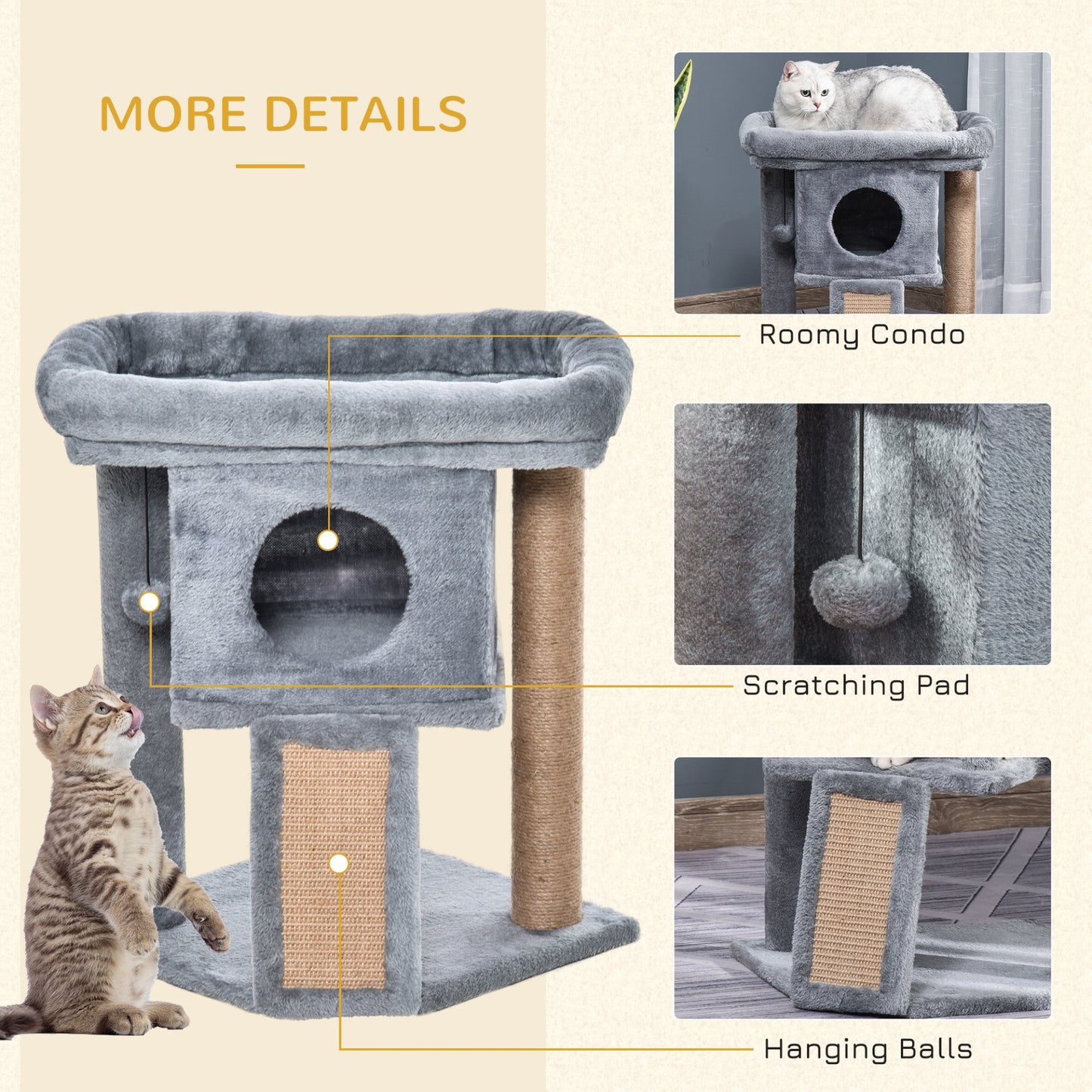 PawHut Cat Tree for Indoor Cats Kitten Tower Climbing Activity Centre Furniture w/ Jute Scratching Pad, Toy Ball, Cat House - Grey - Baig Merchant