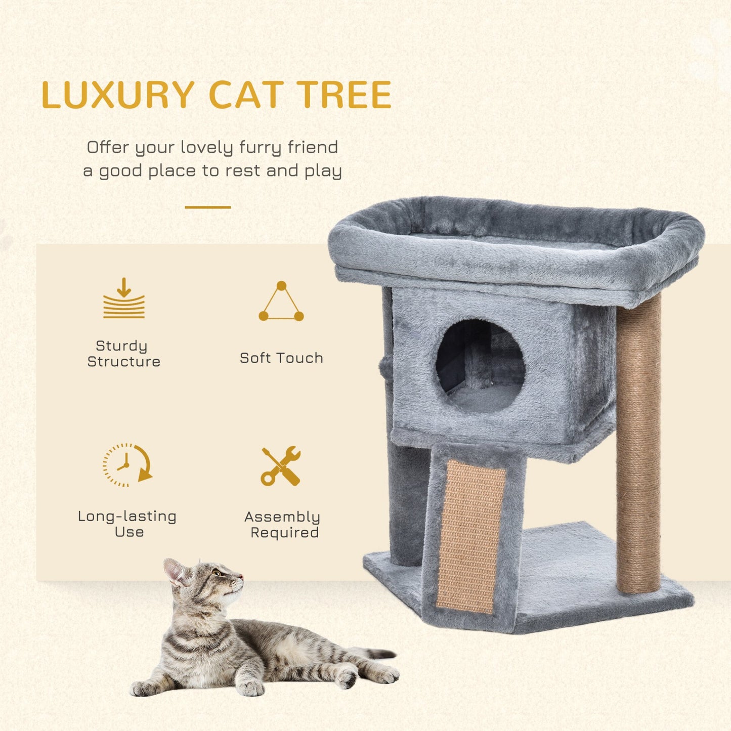 PawHut Cat Tree for Indoor Cats Kitten Tower Climbing Activity Centre Furniture w/ Jute Scratching Pad, Toy Ball, Cat House - Grey - Baig Merchant