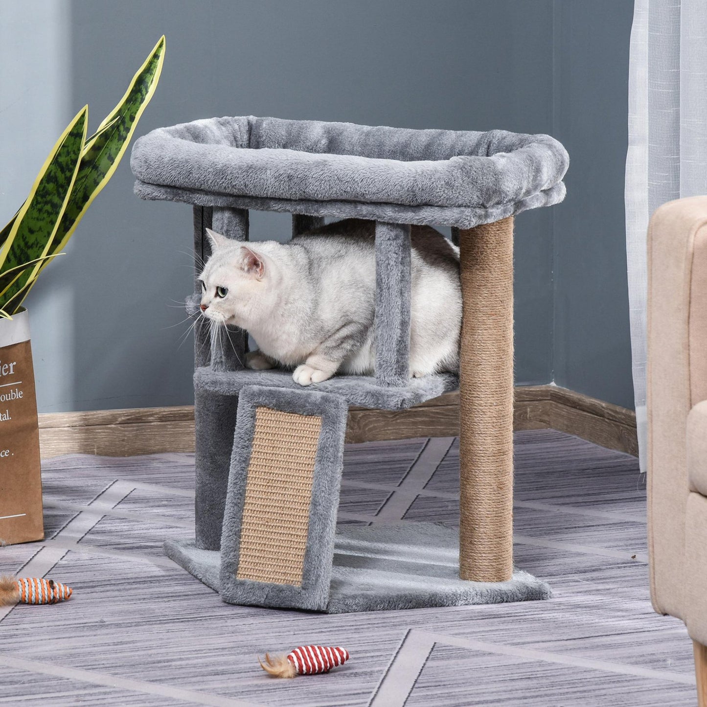 PawHut Cat Tree for Indoor Cats Kitten Tower Climbing Activity Centre Furniture w/ Jute Scratching Pad, Toy Ball, Cat House - Grey - Baig Merchant