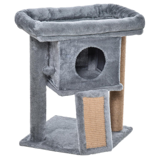 PawHut Cat Tree for Indoor Cats Kitten Tower Climbing Activity Centre Furniture w/ Jute Scratching Pad, Toy Ball, Cat House - Grey - Baig Merchant