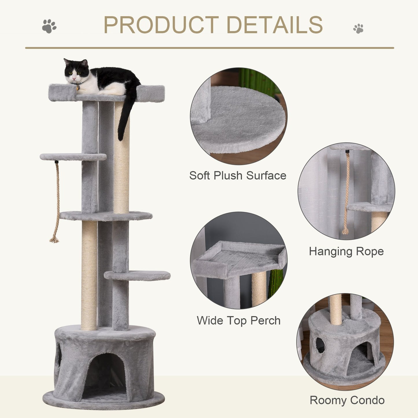 PawHut Cat Tree for Indoor Cats Kitten Tower Multi - level Activity Centre Pet Furniture with Scratching Post Condo Hanging Ropes Plush Perches Grey - Baig Merchant