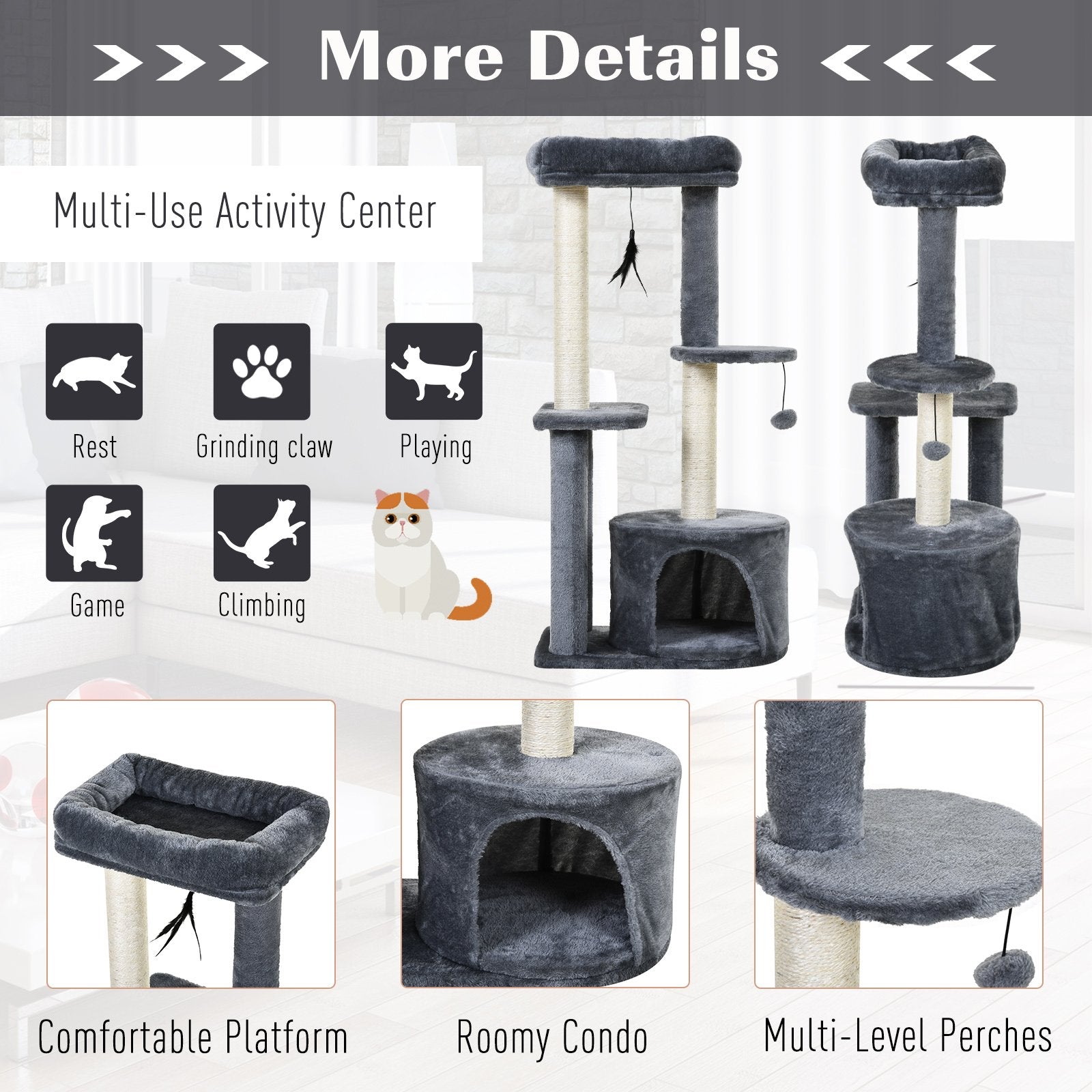 PawHut Cat Tree for Indoor Cats Kitten Tower w/ Perch House Scratching Post Platform Play Ball Plush Covering Play Rest Relax Grey White - Baig Merchant