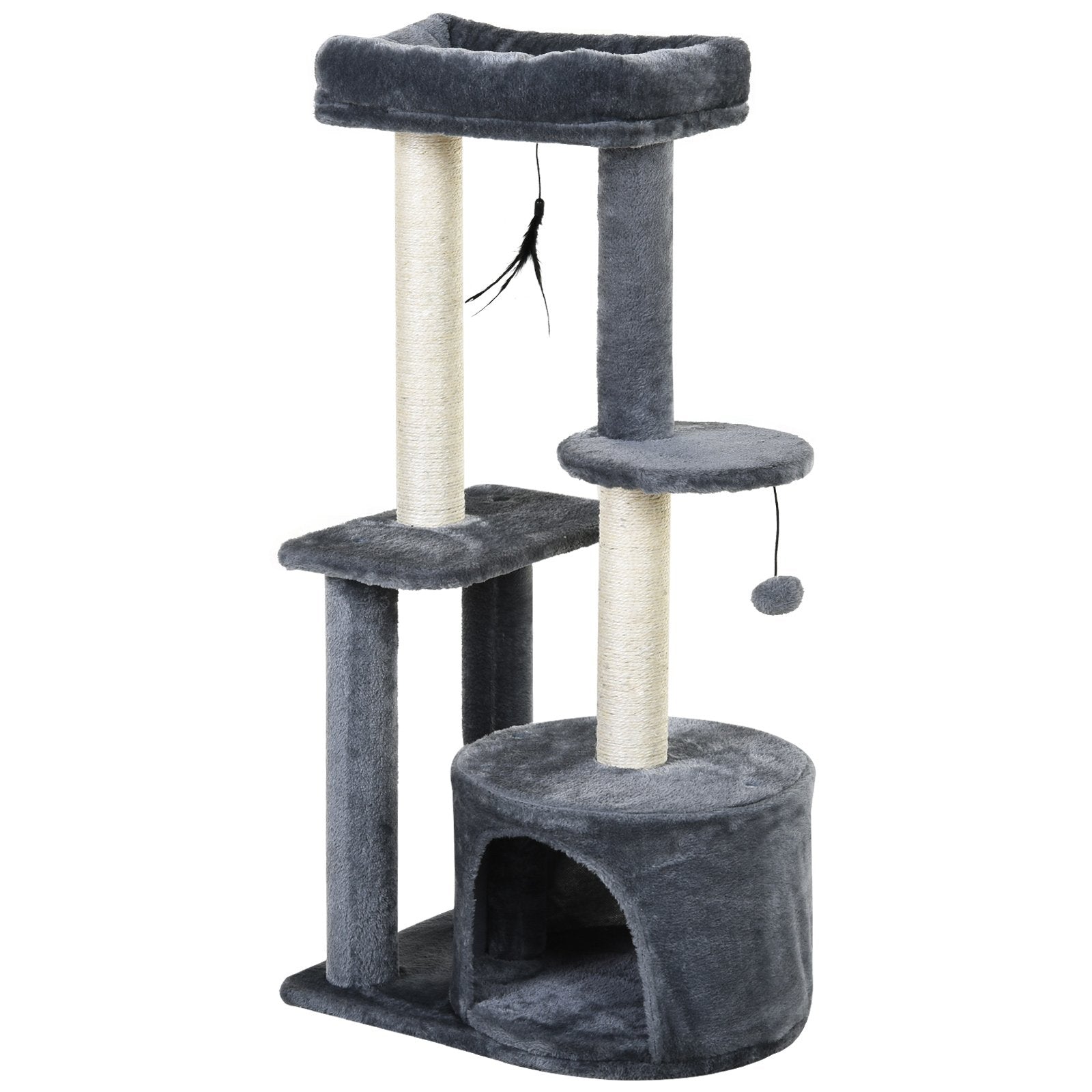 PawHut Cat Tree for Indoor Cats Kitten Tower w/ Perch House Scratching Post Platform Play Ball Plush Covering Play Rest Relax Grey White - Baig Merchant